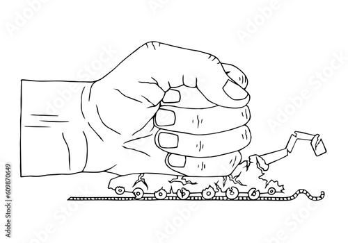 A human hand crushes a tank. Anti-war concept. Stop the war. Anti-war poster. Freehand drawing. Doodle. Hand Drawn. Outline.	