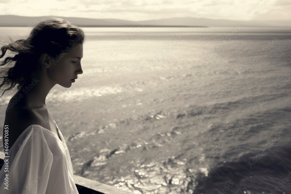 woman in the stunning dress walks fearlessly on the edge of the cliff, gazing out at the horizon. Ai generated. woman in the stunning dress walks fearlessly on the edge of the cliff, gazing out at the horizon. Ai generated.