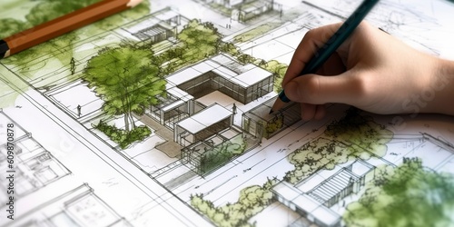 Sketch of the planning of a sustainable residential area. Ai generated.