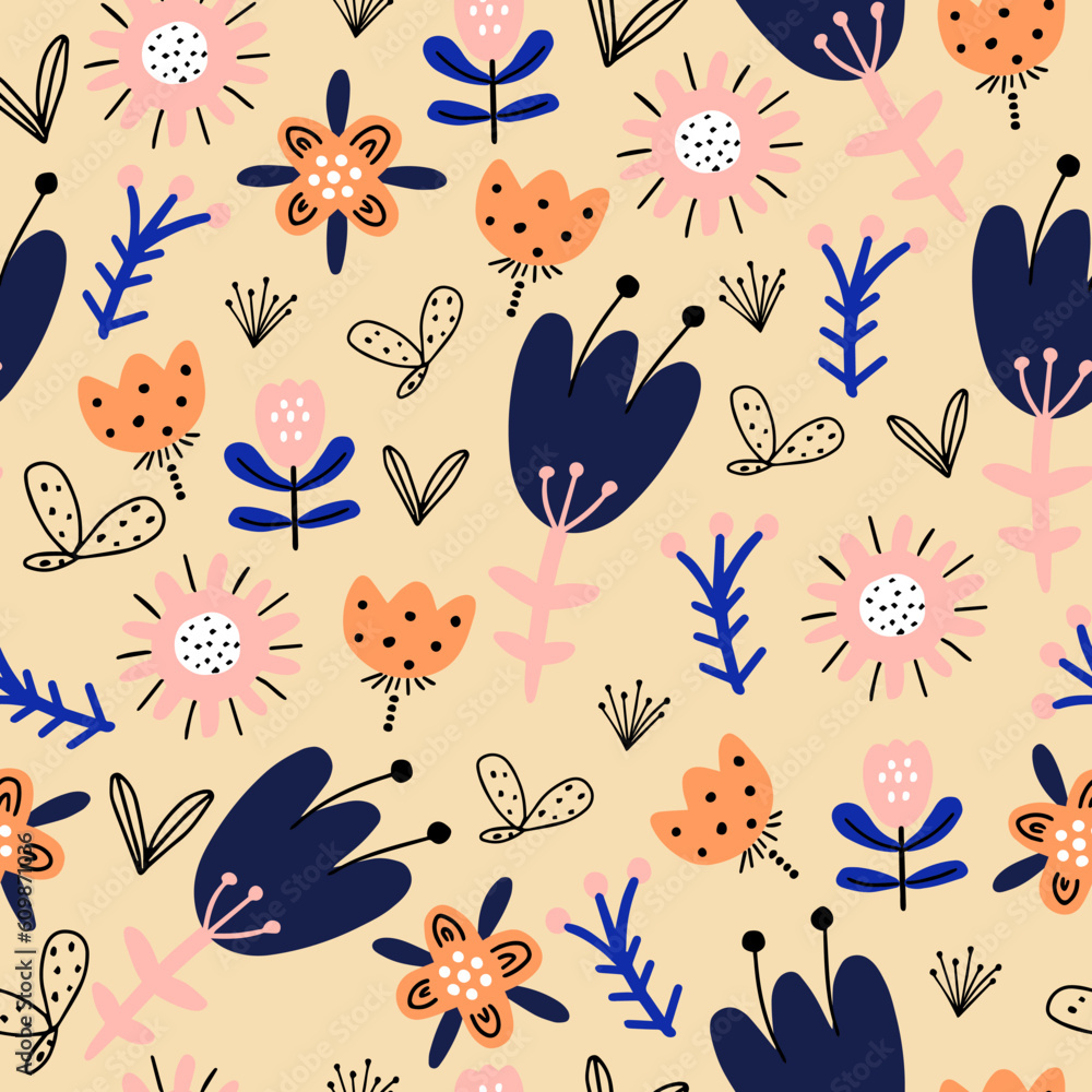 Cute seamless pattern with decorative plants and flowers in doodle style. Perfect for kids fabric, textile, nursery wallpaper.  Vector