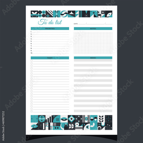 To do list geometric. To do list printable template with geometric shapes. Blank white notebook page A4. Vector illustration. photo