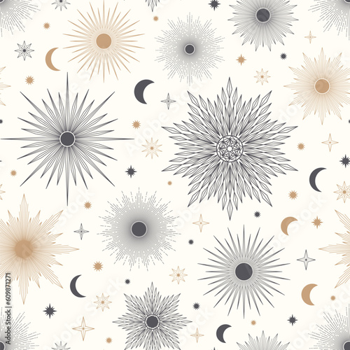 Hand drawn seamless pattern of different Sun, Moon, sunburst, stars. Celestial bursting sun rays vector. Magic space galaxy sketch illustration for greeting card, wallpaper, wrapping paper, fabric