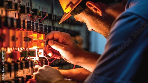 Close-up of a male electrician working on a circuit board. generative AI