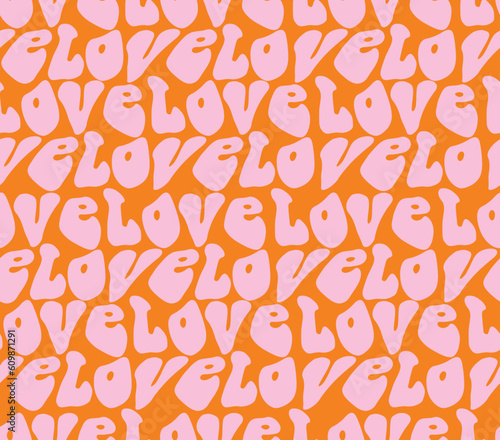 Obraz na plátně Groovy 60s and 70s Style Vector Seamless Pattern with Light Pink Retro Lettering Love Isolated on an Orange Background