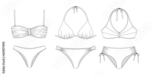 Woman sustainable swimwear, technical drawing, template, sketch, flat, mock up. Recycled PA, Recycled PES, Lycra fabric swimwear front view, white color