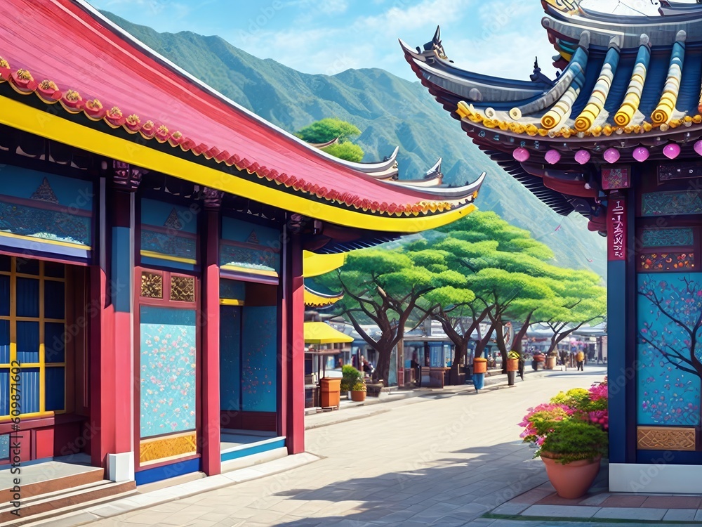 Obraz premium A painting of a lovely view of the Koreatown fantasy fairy, volume four created with generative ai, ki
