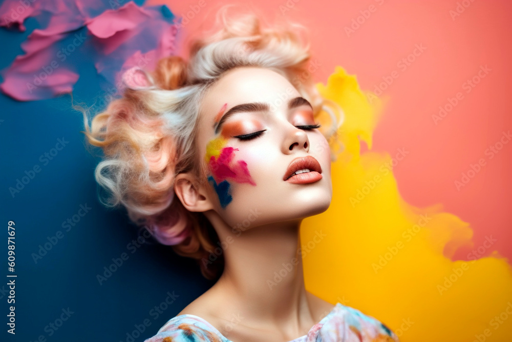 Young female model with colorful makeup against a vibrant painted wall. Ai generated.