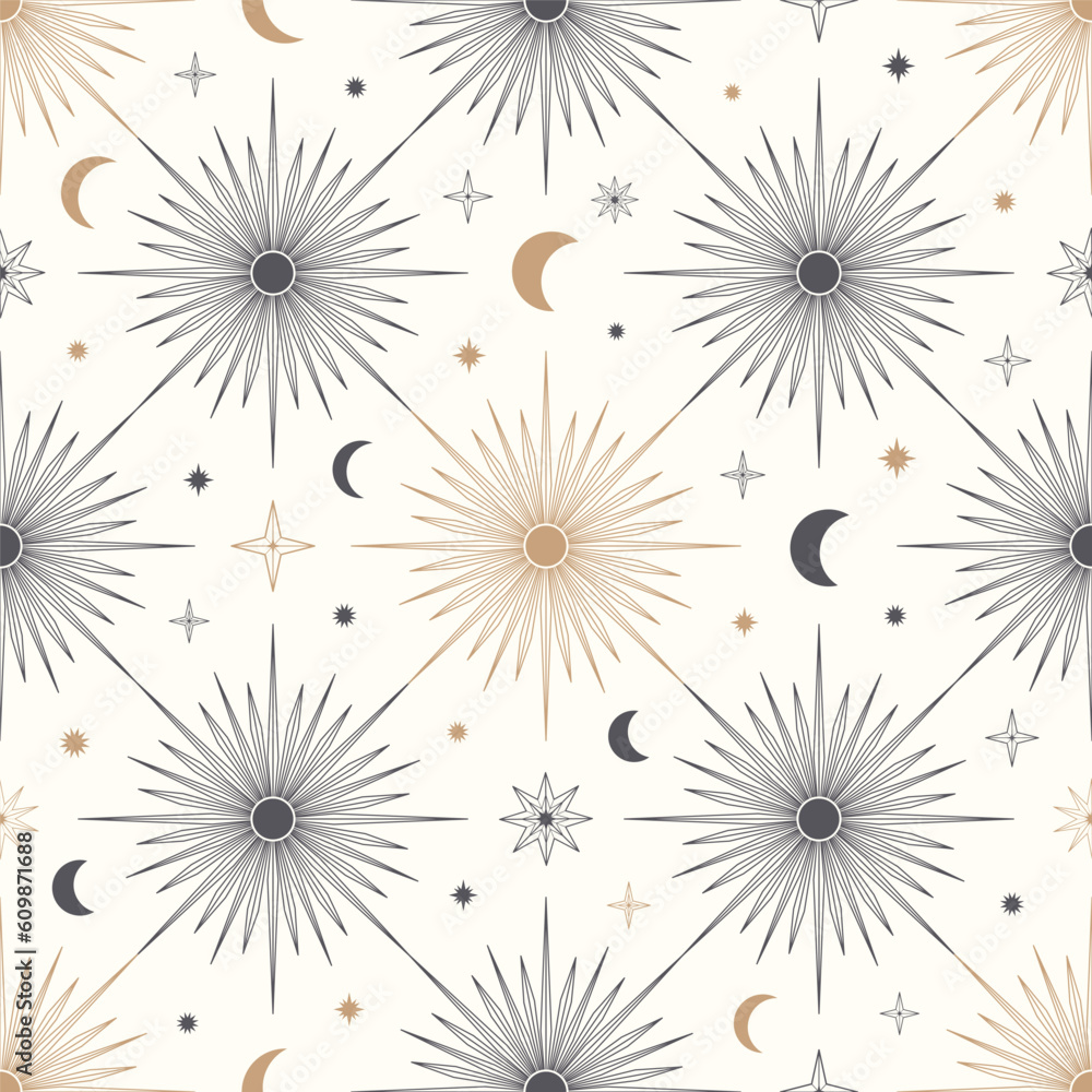 Hand drawn seamless pattern of Sun, Moon, sunburst, stars. Mystical celestial bursting sun rays vector. Magic space galaxy sketch illustration for greeting card, wallpaper, wrapping paper, fabric Hand drawn seamless pattern of Sun, Moon, sunburst, stars. Mystical celestial bursting sun rays vector. Magic space galaxy sketch illustration for greeting card, wallpaper, wrapping paper, fabric