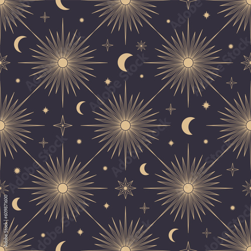 Hand drawn seamless pattern of Sun, Moon, sunburst, stars. Mystical celestial bursting sun rays vector. Magic space galaxy sketch illustration for greeting card, wallpaper, wrapping paper, fabric