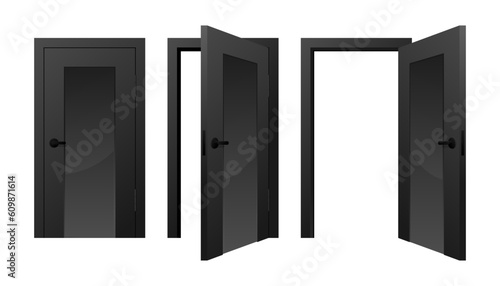 Open and closed black realistic door. Entrance realistic doorway isolated on white background. Facade of the house, estate, elegant castle and security of the premises. Vector illustration.