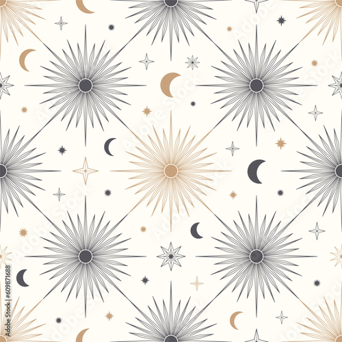 Hand drawn seamless pattern of Sun  Moon  sunburst  stars. Mystical celestial bursting sun rays vector. Magic space galaxy sketch illustration for greeting card  wallpaper  wrapping paper  fabric