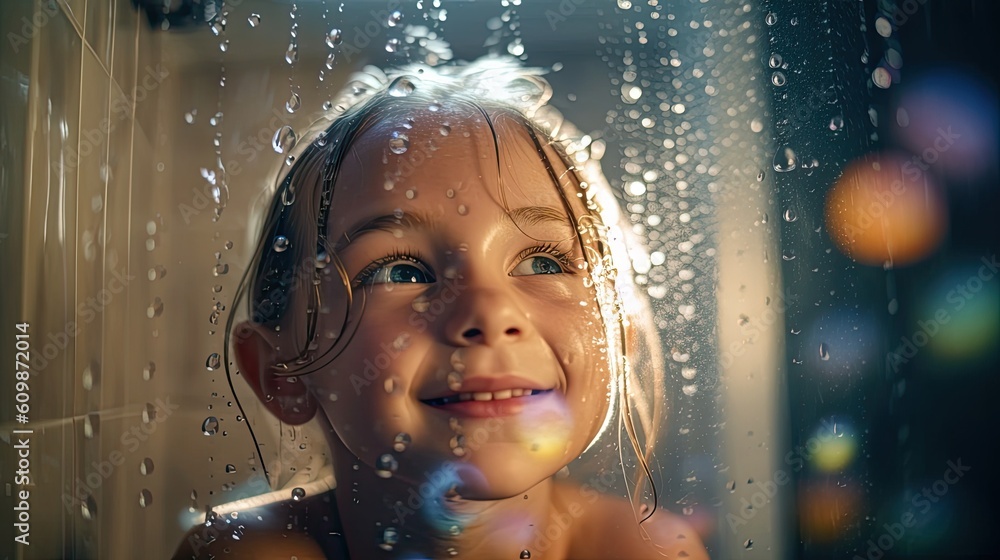 Happy little girl taking shower in bathroom colorful sunlight bokeh