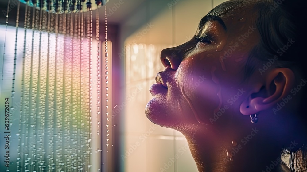 Woman taking shower in bathroom colorful sunlight bokeh background
