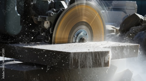 Stone cutting blade on cutting machine stone processing with water splash, industrial stone cutting machine processing massive natural stone stone panel, bridge saw, sawing machine, generative AI