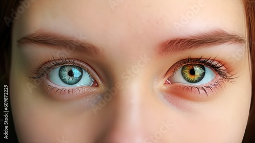 Close up woman face with different blue green eyes colors, complete heterochromia iridum of human eyes close up look of female eyes view, complete heterochromia iridis of eyes, generative AI photo