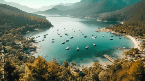 Drone view, Beautiful sea among the mountains, Ships, speedboats, boats, tourist vacation spot, AI generation 8K