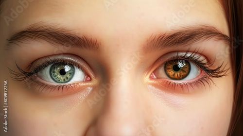 Close up woman face with different brown green eyes colors, complete heterochromia iridum of human eyes close up look of female eyes view, complete heterochromia iridis of eyes, generative AI photo