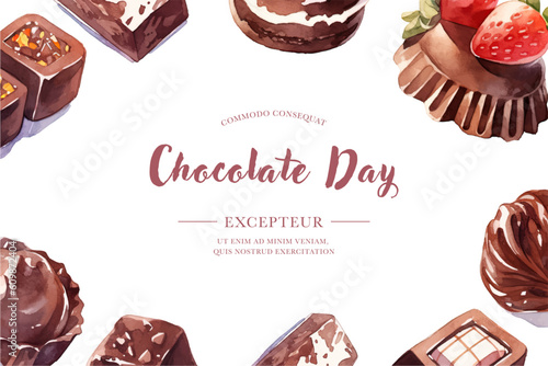 Banner template with hand drawn watercolor chocolate desserts. Vector illustration. World chocolate day. Generated AI