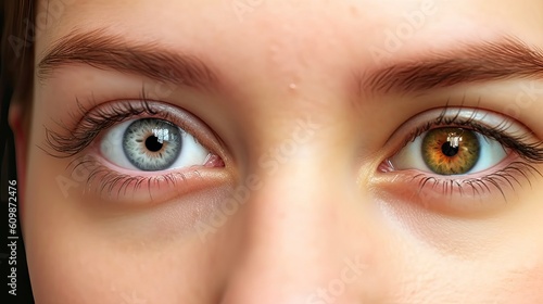 Close up woman face with different blue brown eyes colors, complete heterochromia iridum of human eyes close up look of female eyes view, complete heterochromia iridis of eyes, generative AI photo