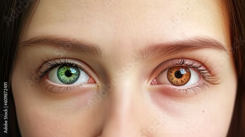 Close up woman face with different brown green eyes colors, complete heterochromia iridum of human eyes close up look of female eyes view, complete heterochromia iridis of eyes, generative AI photo