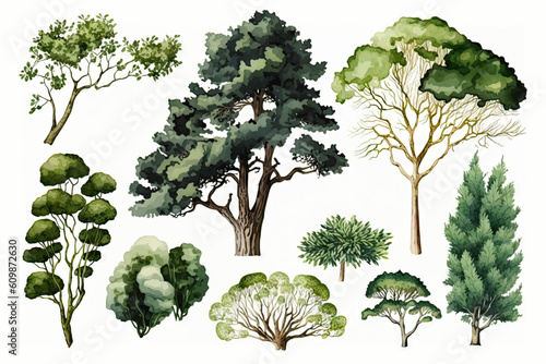 Set of hand drawn trees and bushes. Vector illustration in watercolor style. photo