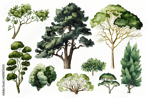 Set of hand drawn trees and bushes. Vector illustration in watercolor style.