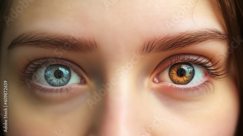 Close up woman face with different blue brown eyes colors, complete heterochromia iridum of human eyes close up look of female eyes view, complete heterochromia iridis of eyes, generative AI photo