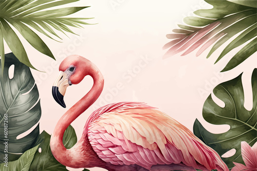 Tropical summer watercolor banner with monstera and flamingo