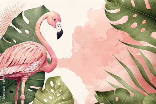 Tropical summer watercolor banner with monstera and flamingo