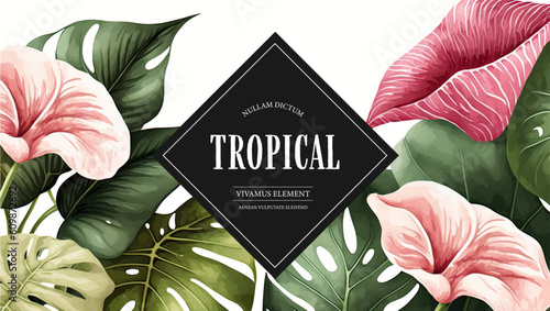 Tropical summer watercolor banner with hibiscus and plants