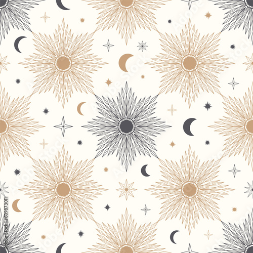 Hand drawn seamless pattern of Sun  Moon  sunburst  stars. Mystical celestial bursting sun rays vector. Magic space galaxy sketch illustration for greeting card  wallpaper  wrapping paper  fabric