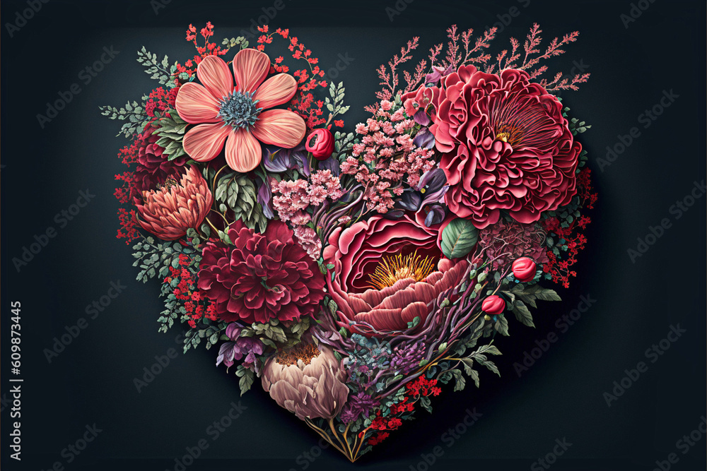Pink and red flower arrangement in the shape of a heart, background Pink and red flower arrangement in the shape of a heart, background