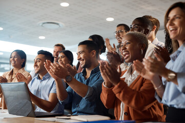Applause, support and success with a business team clapping as an audience at a conference or seminar. Meeting, wow and motivation with a group of colleagues or employees cheering on an achievement