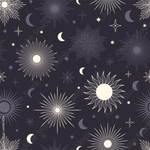 Hand drawn seamless pattern of Sun  Moon  sunburst  stars. Mystical celestial bursting sun rays vector. Magic space galaxy sketch illustration for greeting card  wallpaper  wrapping paper  fabric