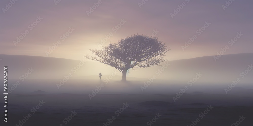 AI Generated. AI Generative. Photo illustration of fog mist mystic lovely tree of life. Adventure nature outdoor romantic vibe. Graphic Art