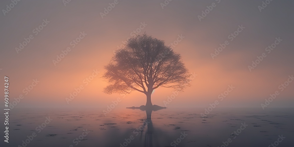 AI Generated. AI Generative. Photo illustration of fog mist mystic lovely tree of life. Adventure nature outdoor romantic vibe. Graphic Art AI Generated. AI Generative. Photo illustration of fog mist mystic lovely tree of life. Adventure nature outdoor romantic vibe. Graphic Art