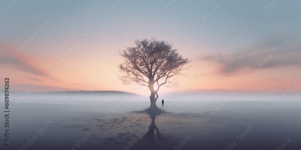 AI Generated. AI Generative. Photo illustration of fog mist mystic lovely tree of life. Adventure nature outdoor romantic vibe. Graphic Art AI Generated. AI Generative. Photo illustration of fog mist mystic lovely tree of life. Adventure nature outdoor romantic vibe. Graphic Art