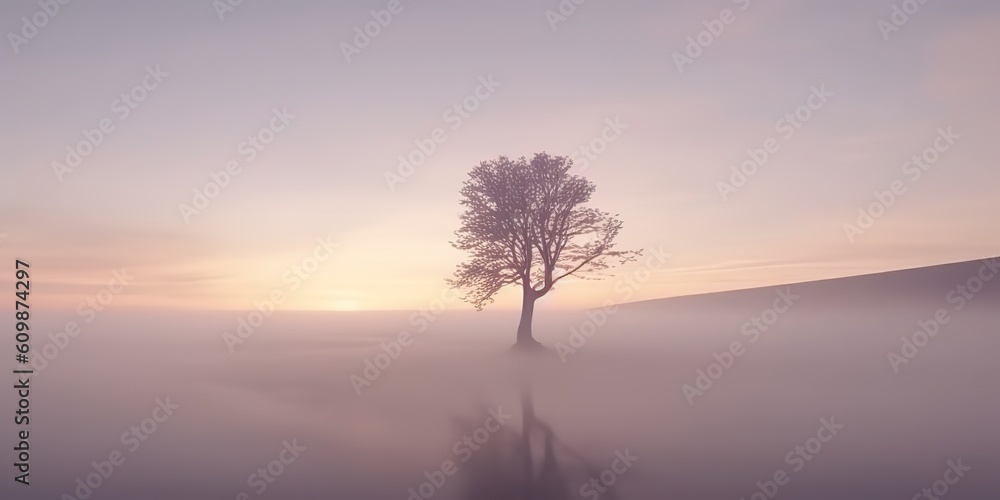 AI Generated. AI Generative. Photo illustration of fog mist mystic lovely tree of life. Adventure nature outdoor romantic vibe. Graphic Art AI Generated. AI Generative. Photo illustration of fog mist mystic lovely tree of life. Adventure nature outdoor romantic vibe. Graphic Art