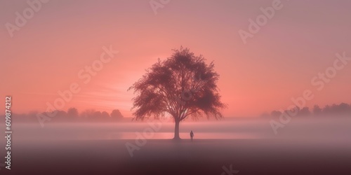 AI Generated. AI Generative. Photo illustration of fog mist mystic lovely tree of life. Adventure nature outdoor romantic vibe. Graphic Art