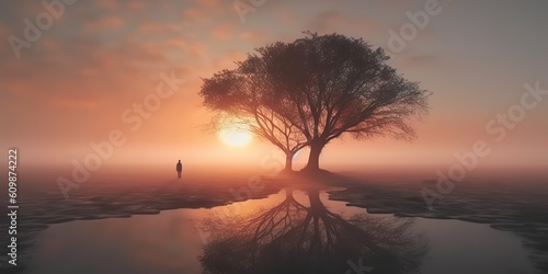 AI Generated. AI Generative. Photo illustration of fog mist mystic lovely tree of life. Adventure nature outdoor romantic vibe. Graphic Art