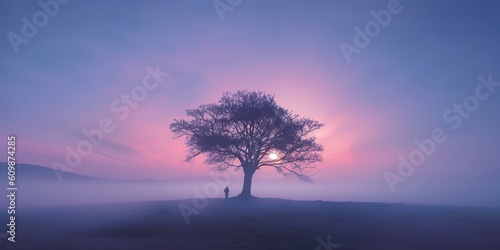 AI Generated. AI Generative. Photo illustration of fog mist mystic lovely tree of life. Adventure nature outdoor romantic vibe. Graphic Art © Graphic Warrior