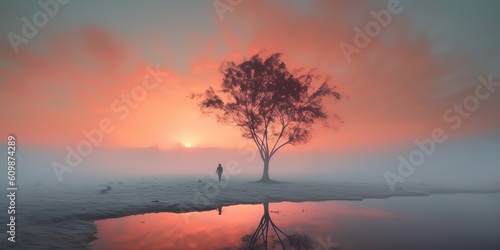 AI Generated. AI Generative. Photo illustration of fog mist mystic lovely tree of life. Adventure nature outdoor romantic vibe. Graphic Art