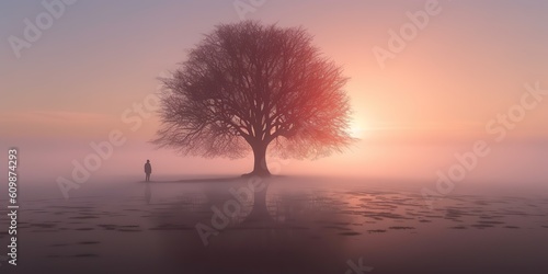 AI Generated. AI Generative. Photo illustration of fog mist mystic lovely tree of life. Adventure nature outdoor romantic vibe. Graphic Art © Graphic Warrior