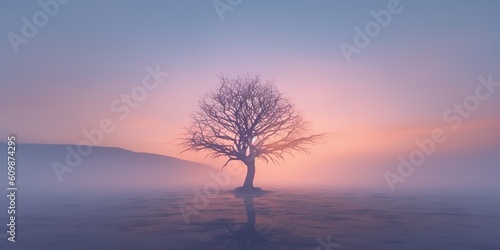 AI Generated. AI Generative. Photo illustration of fog mist mystic lovely tree of life. Adventure nature outdoor romantic vibe. Graphic Art © AkimD