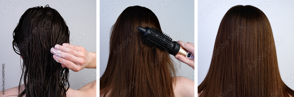 Fototapeta premium Hair care and treatment. A young girl applying a therapeutic mask to wet hair and drying it with a hairdryer.