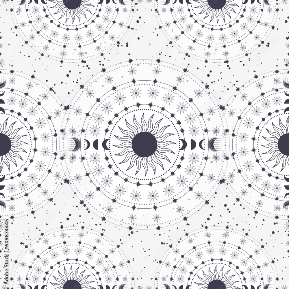 Fototapeta premium Hand drawn seamless pattern of Sun, Moon, stars. Mystical celestial circle galaxy space with sun rays. Magic vector sketch illustration for greeting card, wallpaper, wrapping paper, fabric