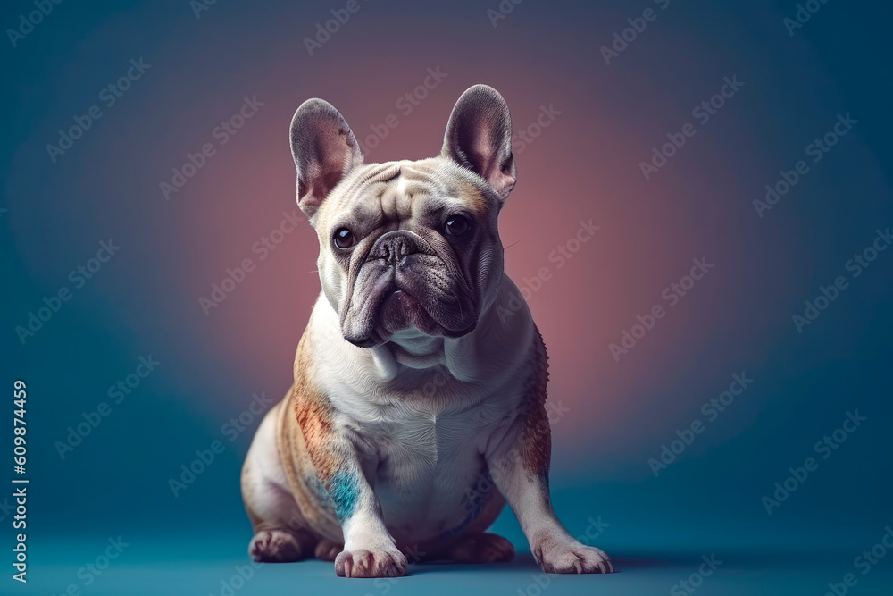 Portrait of French bulldog, isolated on dark blue background. generative AI