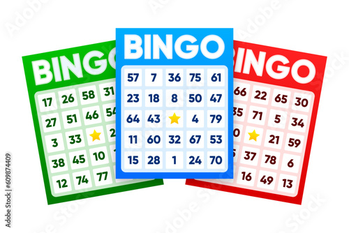 Lottery tickets. Lotto bingo cards with numbers, keno gambling. Colorful betting sheets with lucky numbers. Gaming industry and casino advertising. Vector Illustration.