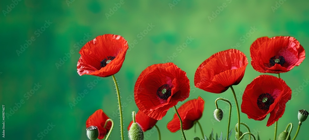 Red poppies on green background, summer poppy flowers on a green grass blured meadow. Generative AI. - obrazy, fototapety, plakaty 