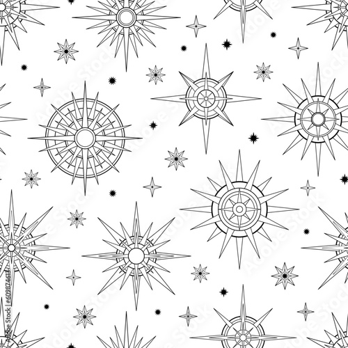 Hand drawn seamless pattern of Sun and stars. Mystical celestial bursting sun rays, circle vector talisman. Magic space galaxy sketch illustration for greeting card, wallpaper, wrapping paper, fabric